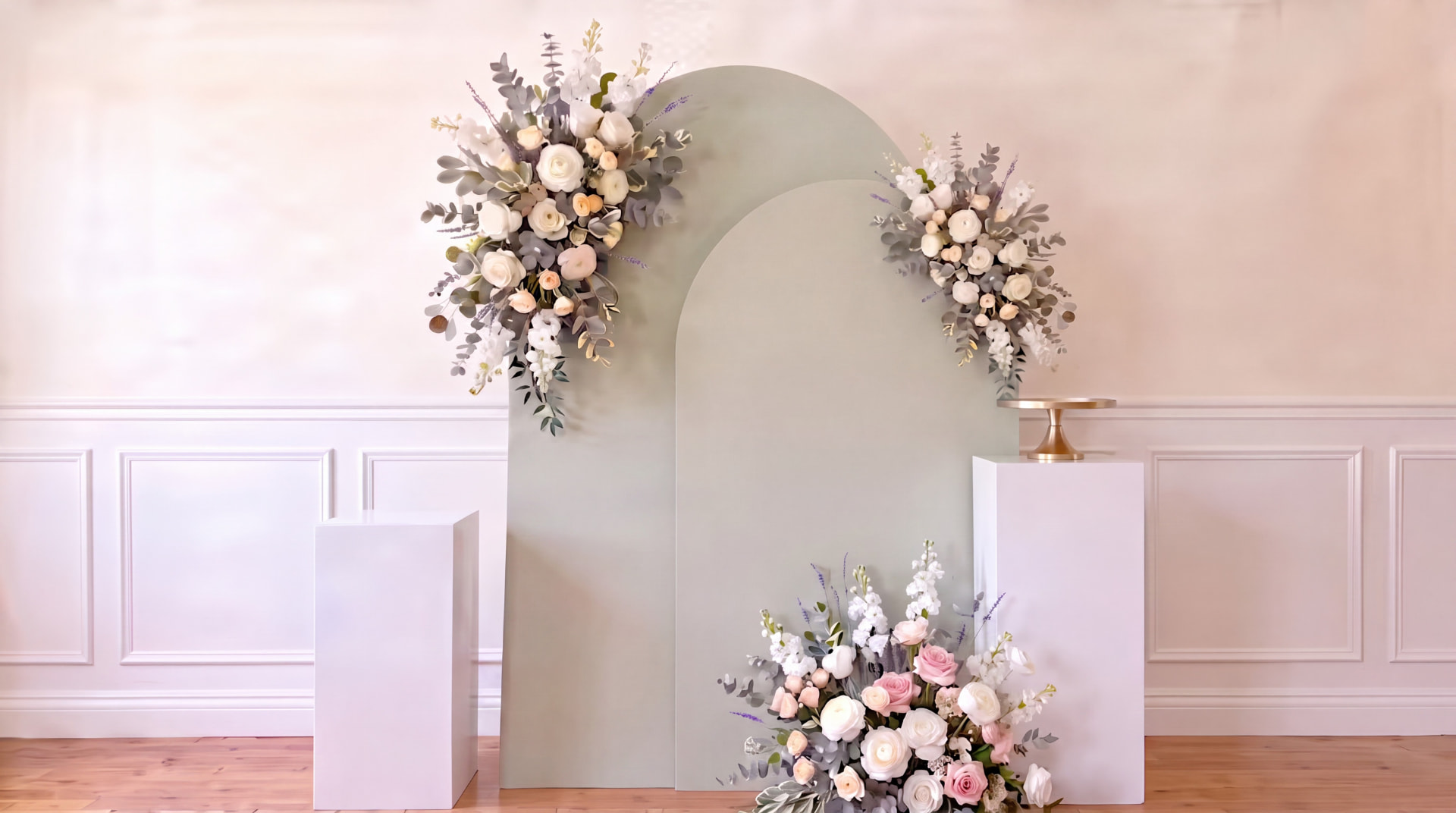 Premiere Party In A Box kit with floral arches and pedestals