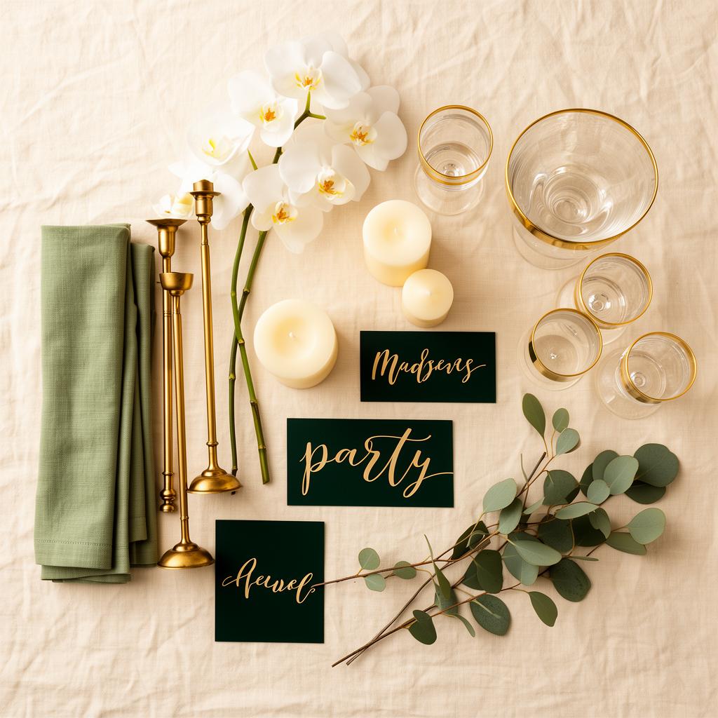 Flat-lay of a styled Party in a Box: sage napkins, brass candlesticks, orchids, gold-rimmed glassware and hand-lettered place cards